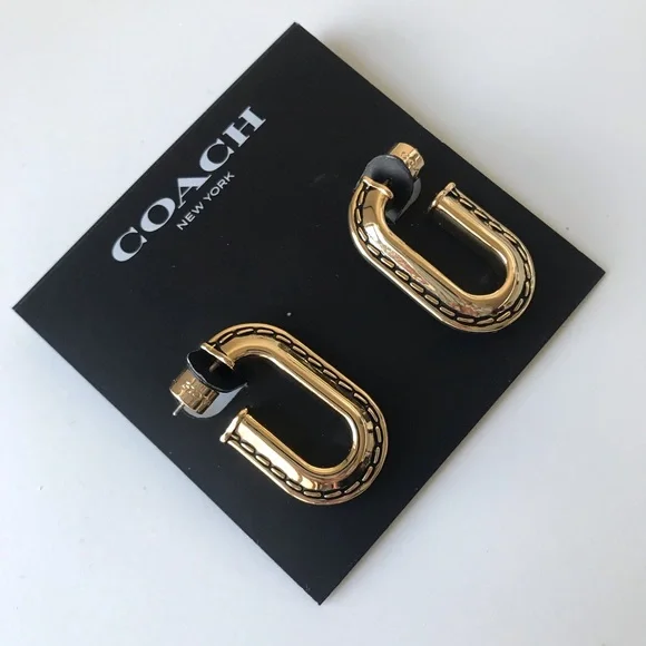 Coach Large Stitched Chain Link Gold Earrings, NWT - Picture 10 of 16